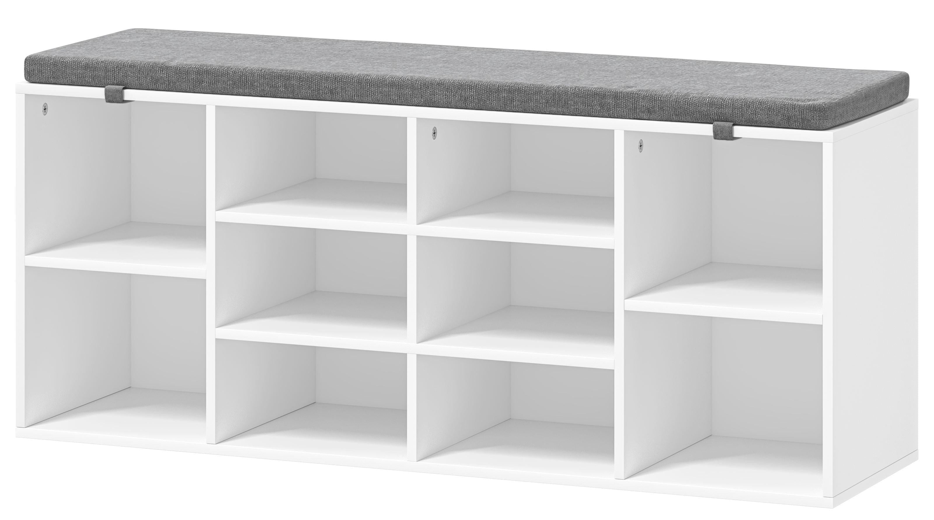 White 10-Cubby Shoe Storage Bench with Cushion Seat