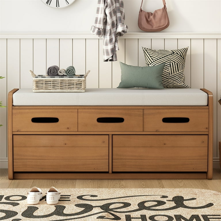 Shoe Storage Bench with 2 Pull out Drawers and 3 False Drawers at The Top Wood Shoe Bench with Cushion Hidden Storage Space Shoe Bench for Living