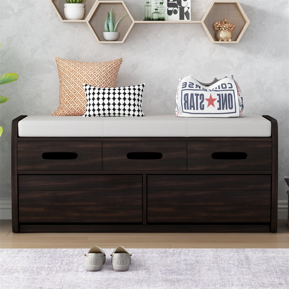 Shoe Storage Bench with 2 Pull out Drawers and 3 False Drawers at The Top Wood Shoe Bench with Cushion Hidden Storage Space Shoe Bench for Living