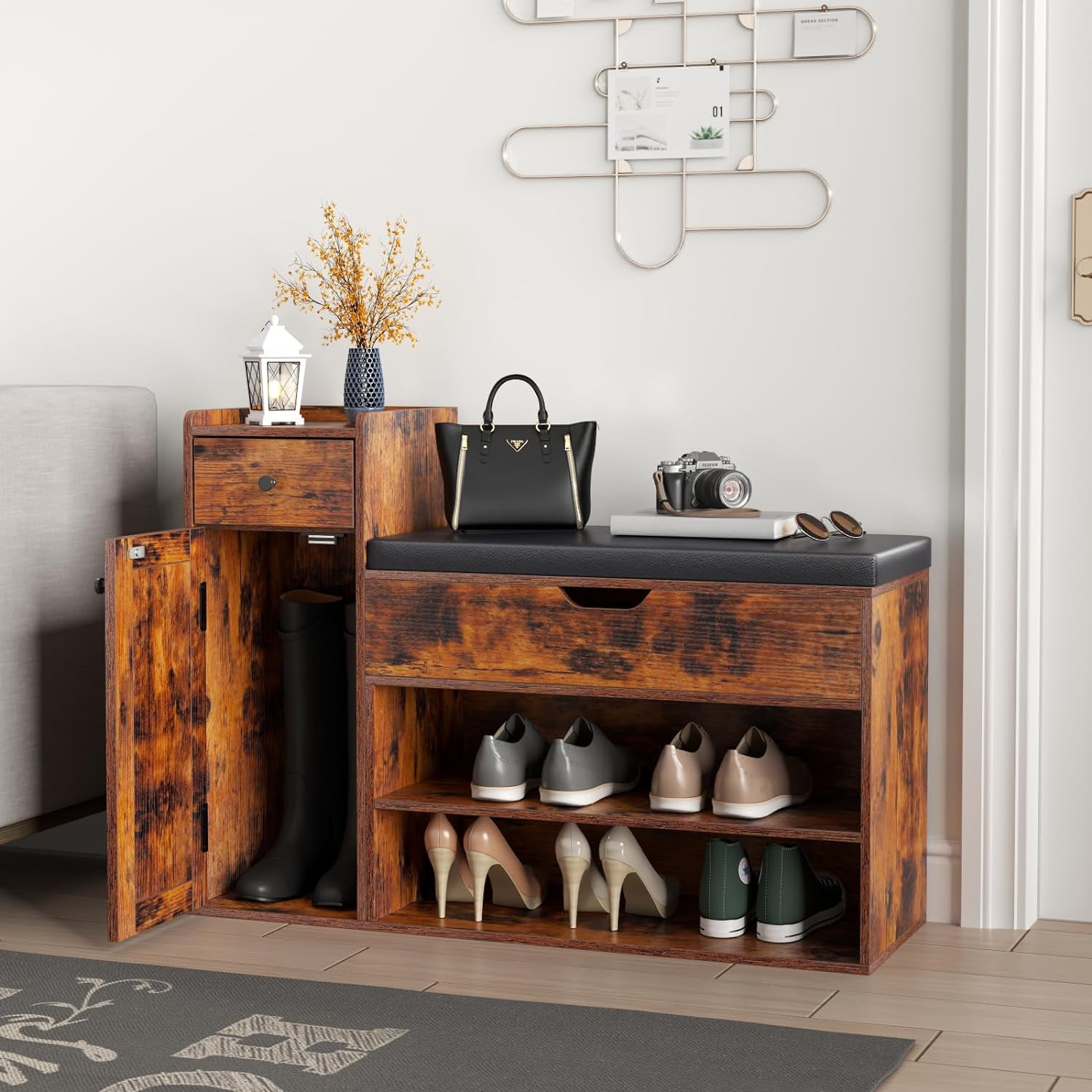 Shoe Storage Bench 2 Tier Farmhouse Entryway Bench with Lift Top Storage Box Drawer Soft Removable Seat Cushion Silm Shoe Rack with Shoe Cabinet for Entryway Hallway Bedroom Walmart
