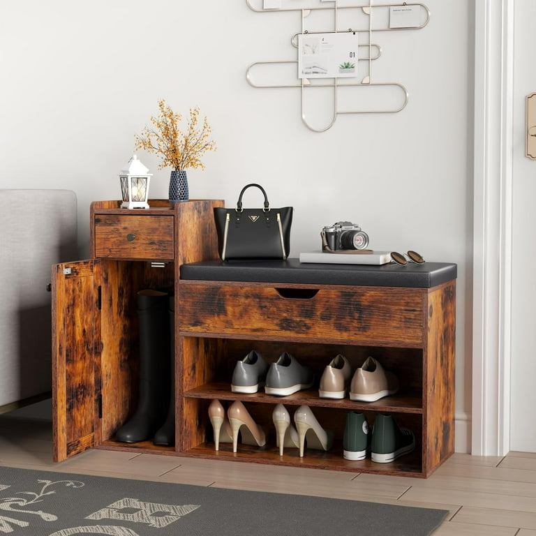 Shoe Storage Bench 2 Tier Farmhouse Entryway Bench with Lift Top Storage Box Drawer Soft Removable Seat Cushion Silm Shoe Rack with Shoe Cabinet for Entryway Hallway Bedroom Walmart