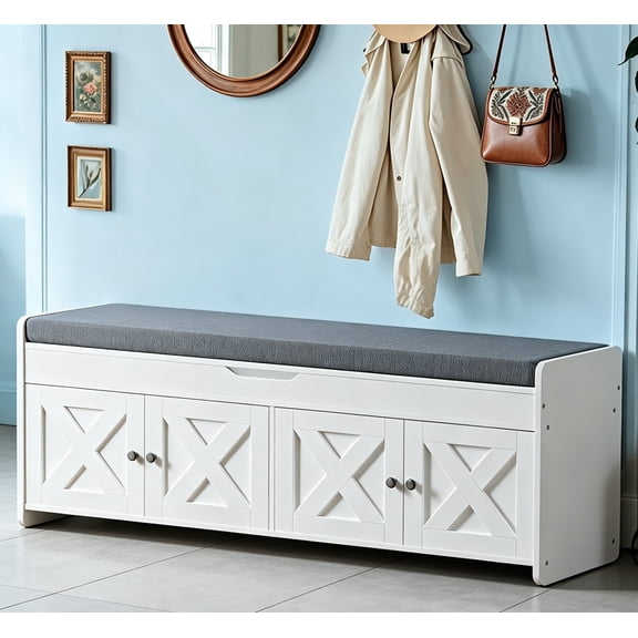 Shoe Storage Bench, 47.2" Long Entryway Bench with Cushioned Seat & Lift Top Storage, 4 Doors, Adjustable Shelf, 300 lbs Capacity, Bench with Shoe Rack for Entryway, Bedroom, Living Room, White