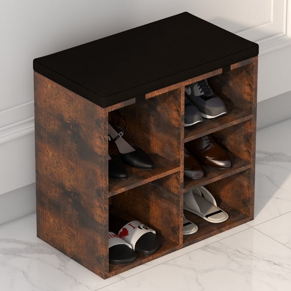 Shoe Storage Bench, 5 Cubbies Shoe Bench with Cushion, 20 Inch Entryway Shoe Organizer, Cubby Shoe Rack with Adjustable Shelves for Entryway Hallway Bedroom Apartment, Rustic Brown