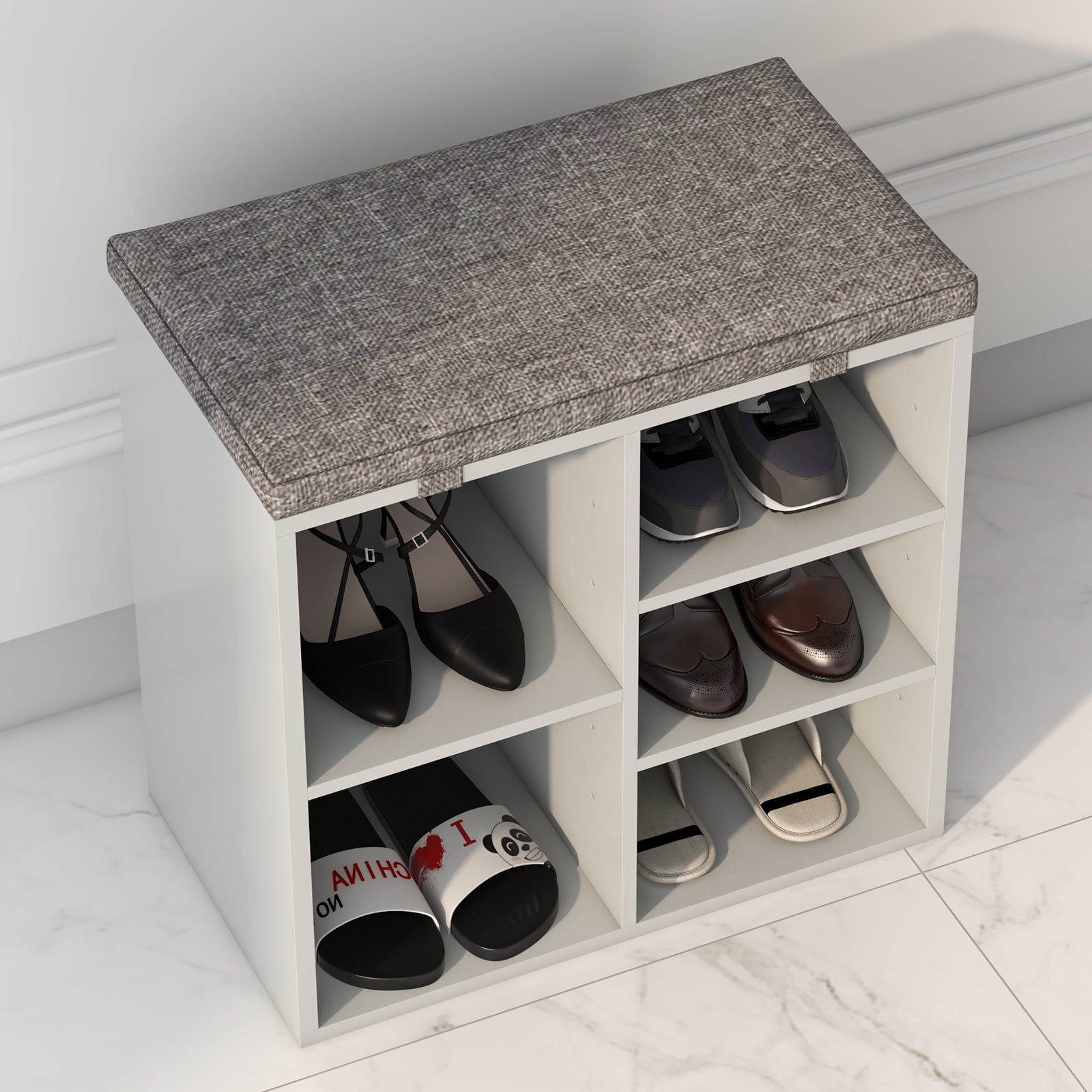 Cushion Rack Shoe Storage Bench, 5 Cubbies Shoe Bench with Cushion, 20 Inch Entryway ...