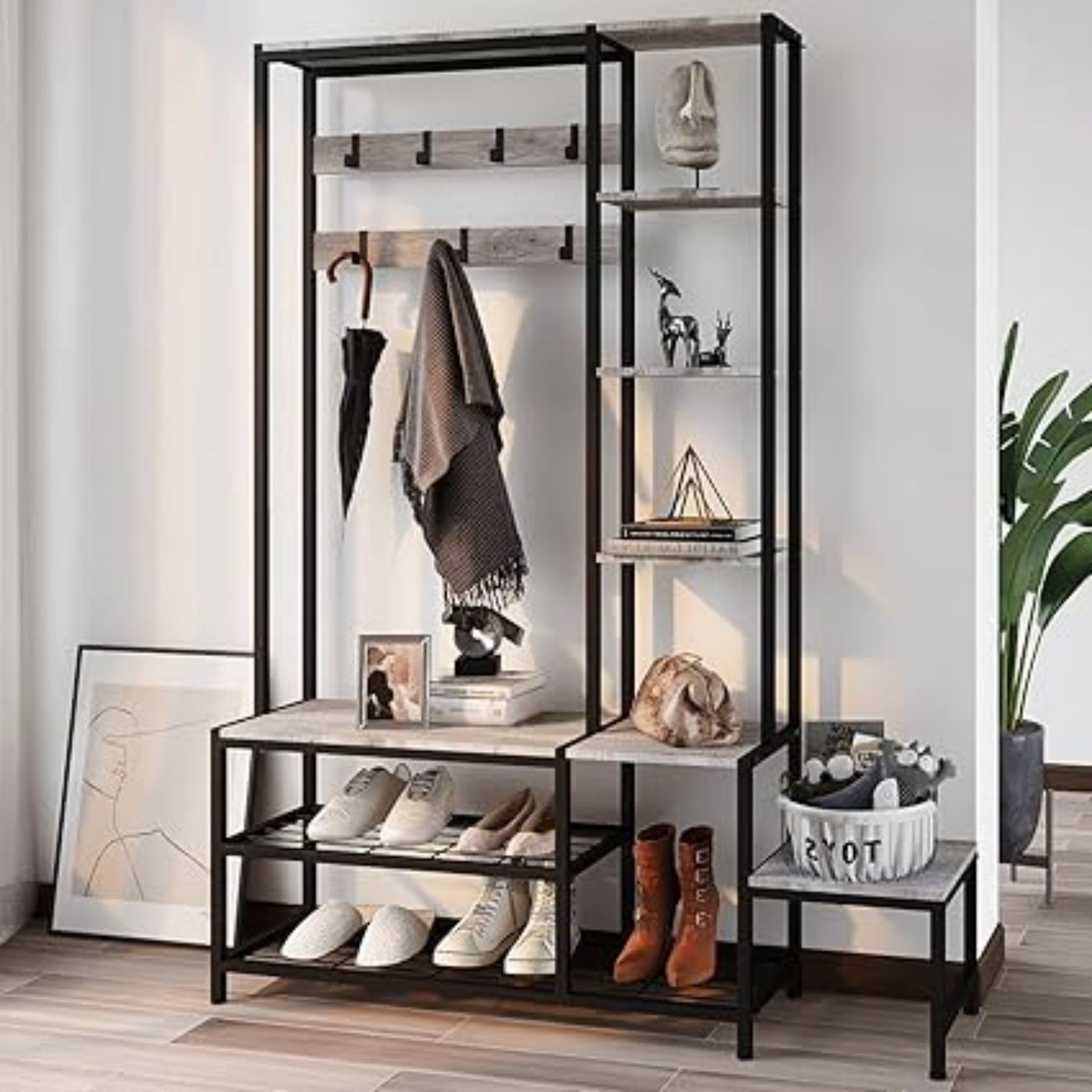 with Shoe Storage Bench Coat Rack with 7 Hooks Interchangeable 4 Tier ...