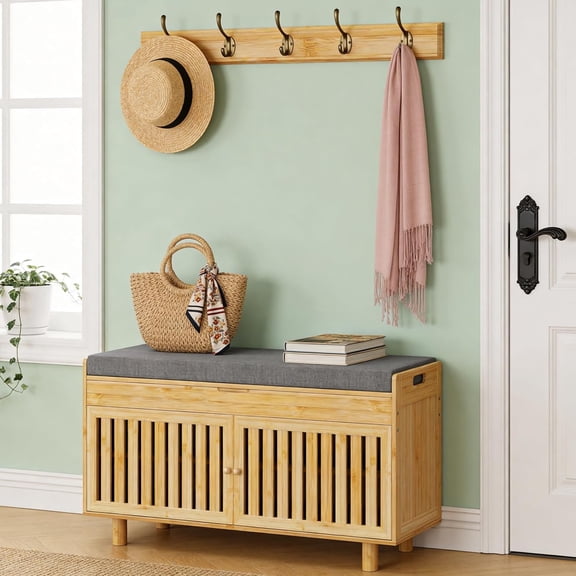 Shoe Storage Bench Coat RackSet, 35.4" Bamboo Shoes Bench with Lift Top Hidden Storage & Wall Hooks, Hall Tree Entryway Bench with Seat Cushion, 2-Tier Shoe Cabinet for Entryway, Living Room, Bedroom
