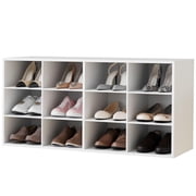 Shoe Storage Bench, Cubby Shoe Rack with 12 Cubbies, 3-Tier Wood Shoe Rack Organizer, Shoe Organizer Cabinet for Entryway, Hallway, Closet and Garage, White