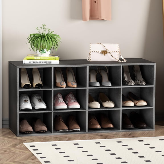 Shoe Storage Bench, Cubby Shoe Rack with 12 Cubbies, 3-Tier Wood Shoe Rack Organizer, Shoe Organizer Cabinet for Entryway, Hallway, Closet and Garage, Black