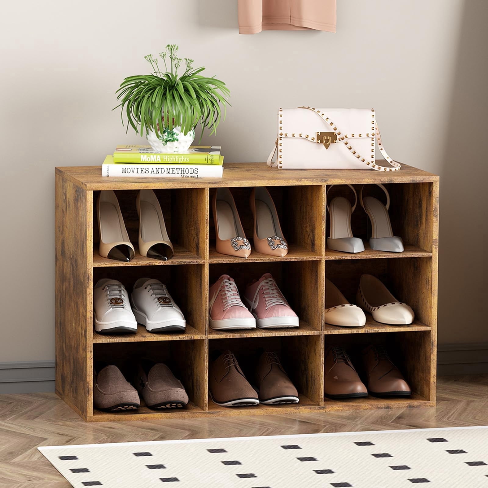 Shoe Storage Bench, Cubby Shoe Rack with 9 Cubbies, 3-Tier Wood Shoe Rack Organizer, Shoe Organizer Cabinet for Entryway, Hallway, Closet and Garage, Brown