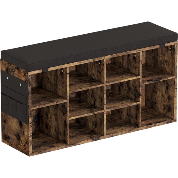 Shoe Storage Bench with Cushion, 10 Cubbies Storage Rack Bench with Padded Seat, 41" Cubby Seat Shoe Cabinet with Adjustable Shelf for Entryway Hallway Living Room, Rustic Brown