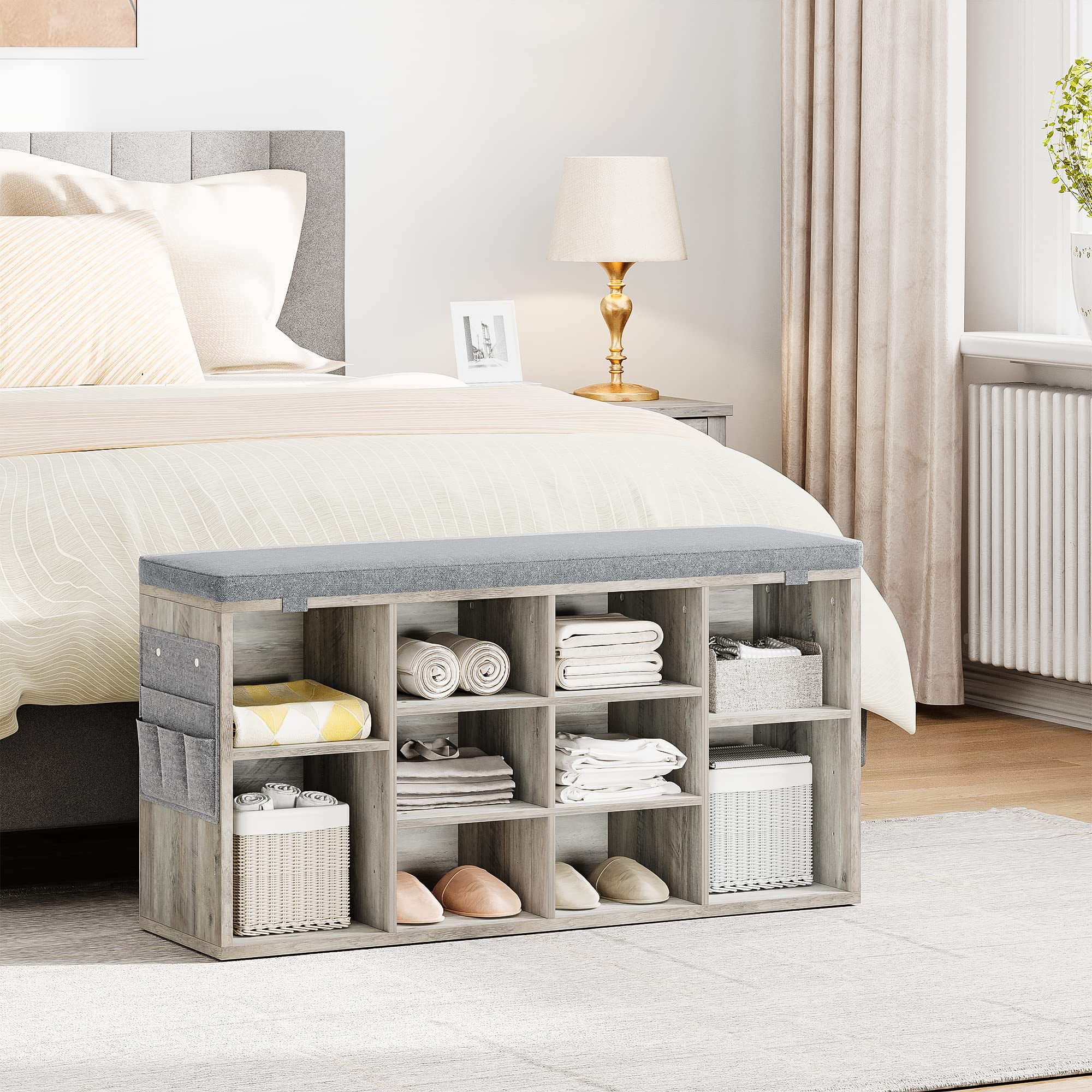 Shoe Rack Cubbies Shoe Storage Bench with Cushion, 10 Cubbies Storage Rack Bench with ...