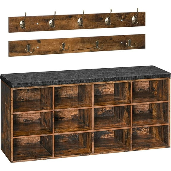 Shoe Storage Bench with Cushion, 39.4" L Entryway Bench with 12 Cubbies, Entryway Hall Tree with Storage, Cubby Shoe Rack Bench with Coat Rack for Hallway, Holds up to 330 lb, Rustic Brown + Black