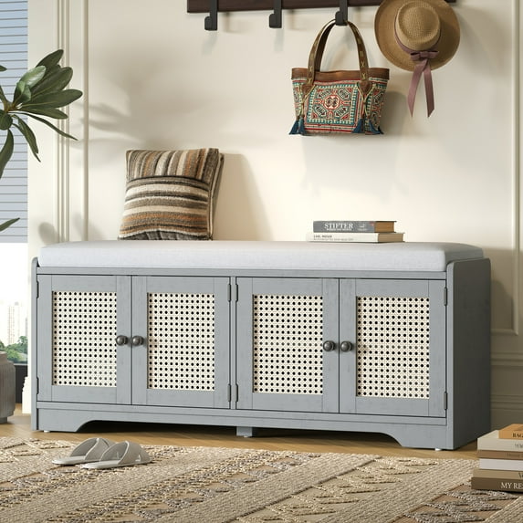 Shoe Storage Bench with Cushion, 47" Rustic Entryway Bench with 4 Rattan Doors, 2-Tier Shoe Organizer Cabinet with Adjustable Shelves for Living Room, Gray