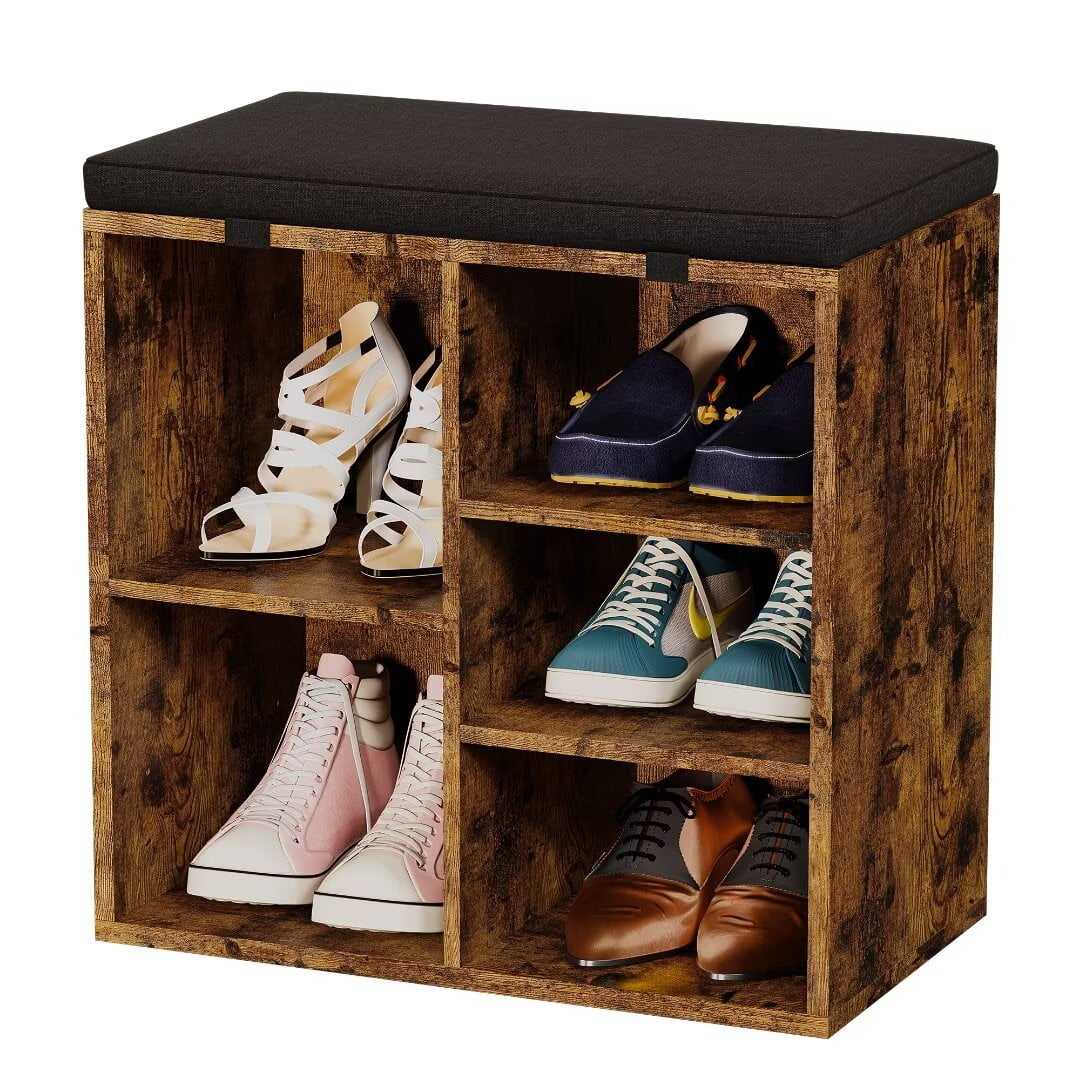 Shoe Storage Bench with Cushion, Adjustable 5-Cubby Rack for Entryway ...