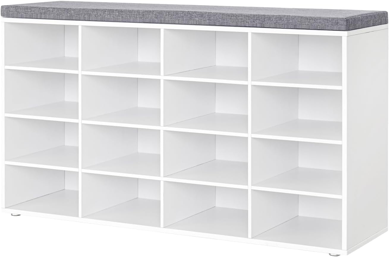 Shoe Storage Bench With Cushion – 10 Cubbies, Adjustable Shelves, Entryway Organizer For Shoes & Boots, White
