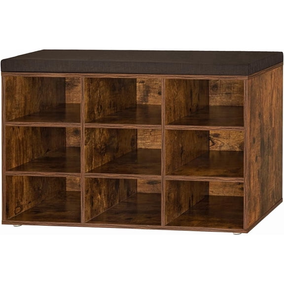 Shoe Storage Bench with Cushion, Cubby Rack with 9 Cubbies, Adjustable Shelves, Multifunctional Organizer Bench for Entryway, Mudroom, Hallway, Closet and Garage, Rustic Brown