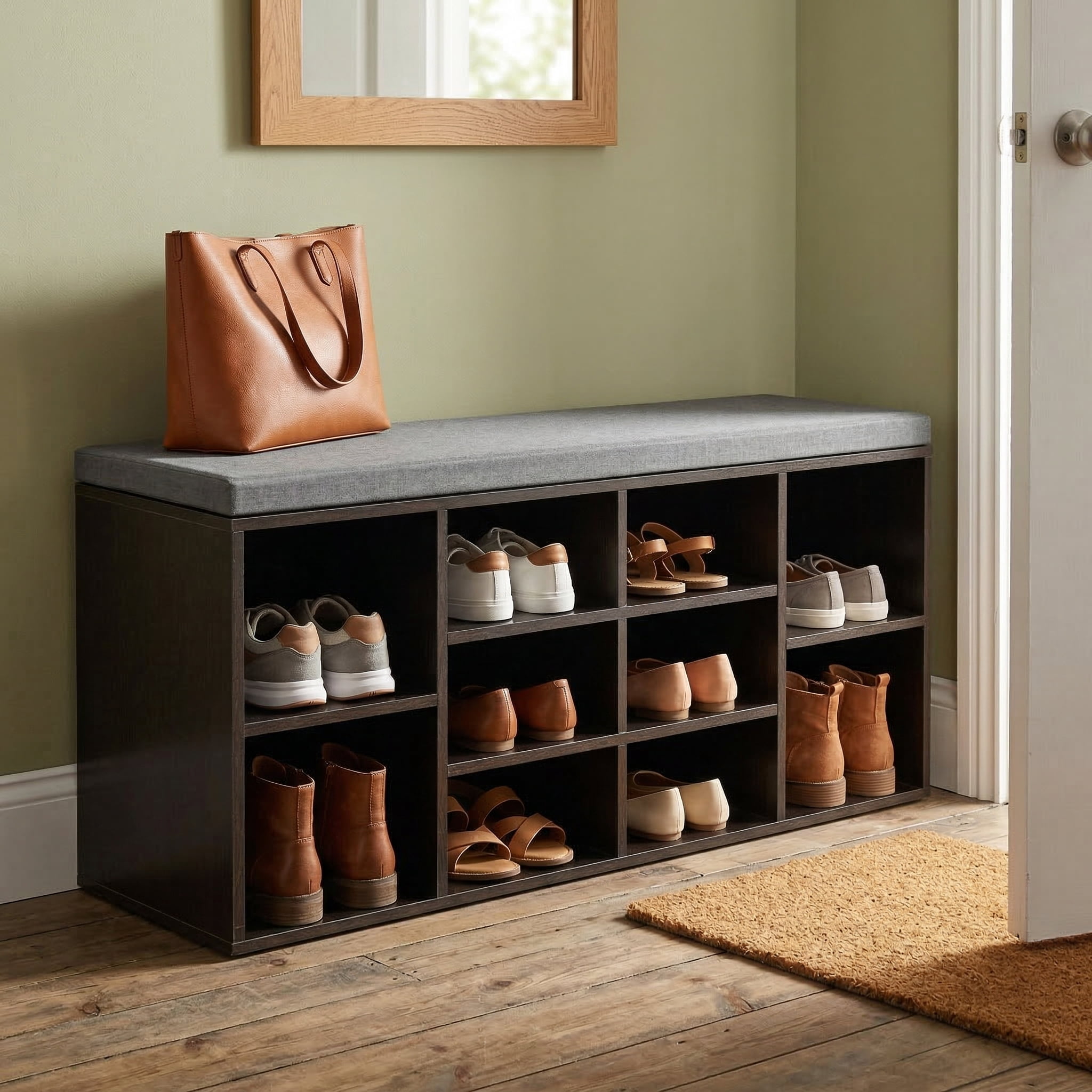 Shoe Storage Bench with Cushion, Cubby Shoe Rack with 10 Cubbies ...