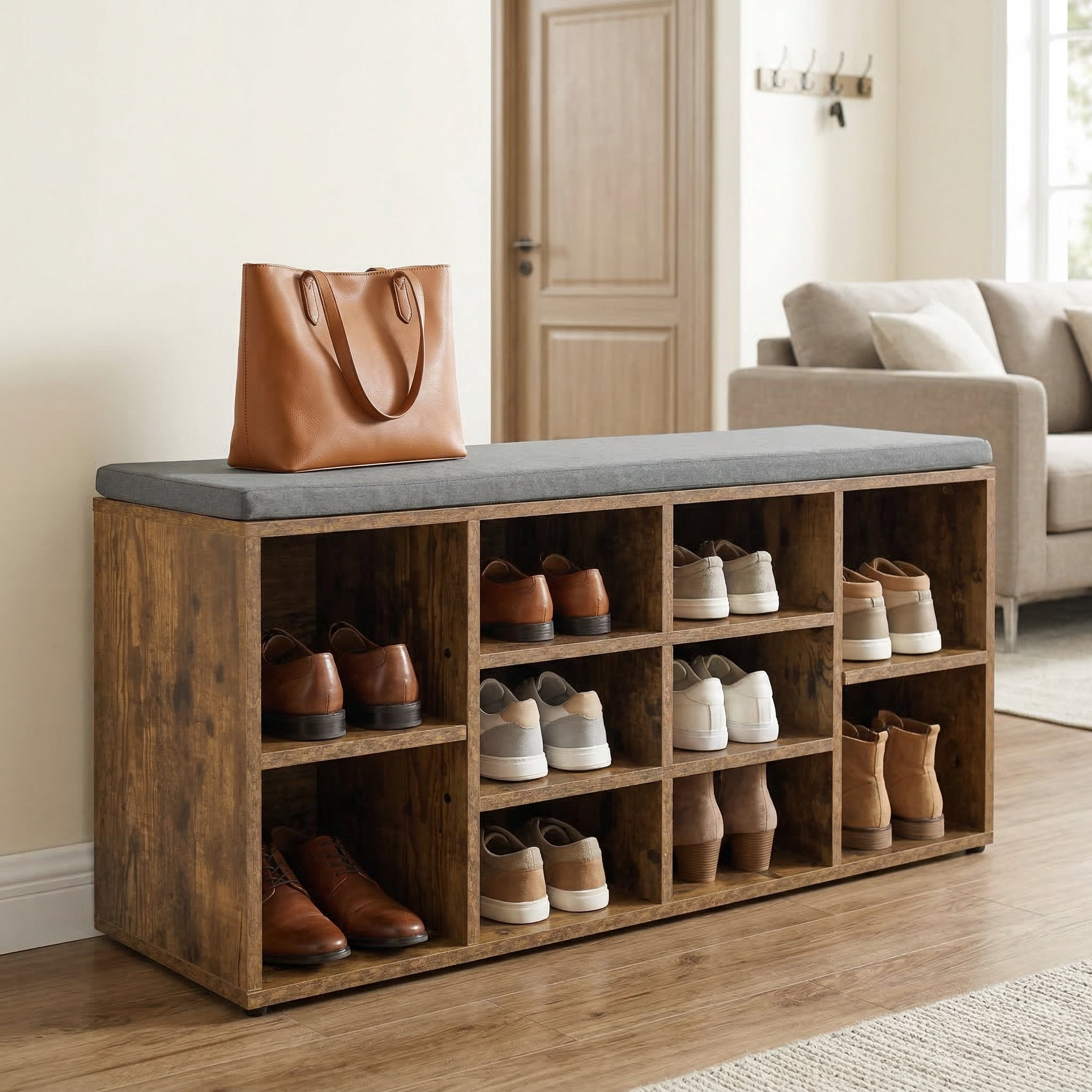 Cushion Rack Shoe Storage Bench with Cushion, Cubby Shoe Rack with 10 Cubbies ...