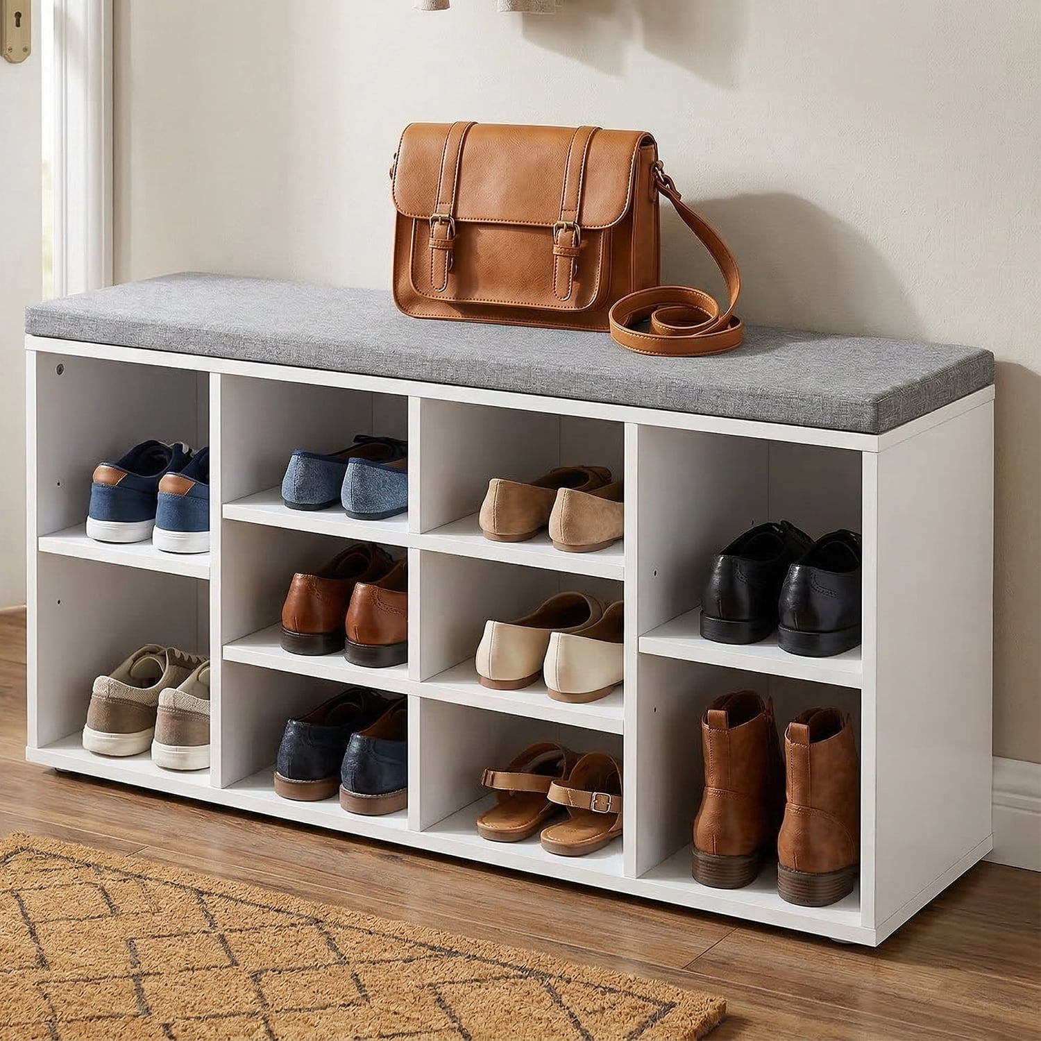 Shoe Storage Bench with Cushion, Cubby Shoe Rack with 10 Cubbies ...