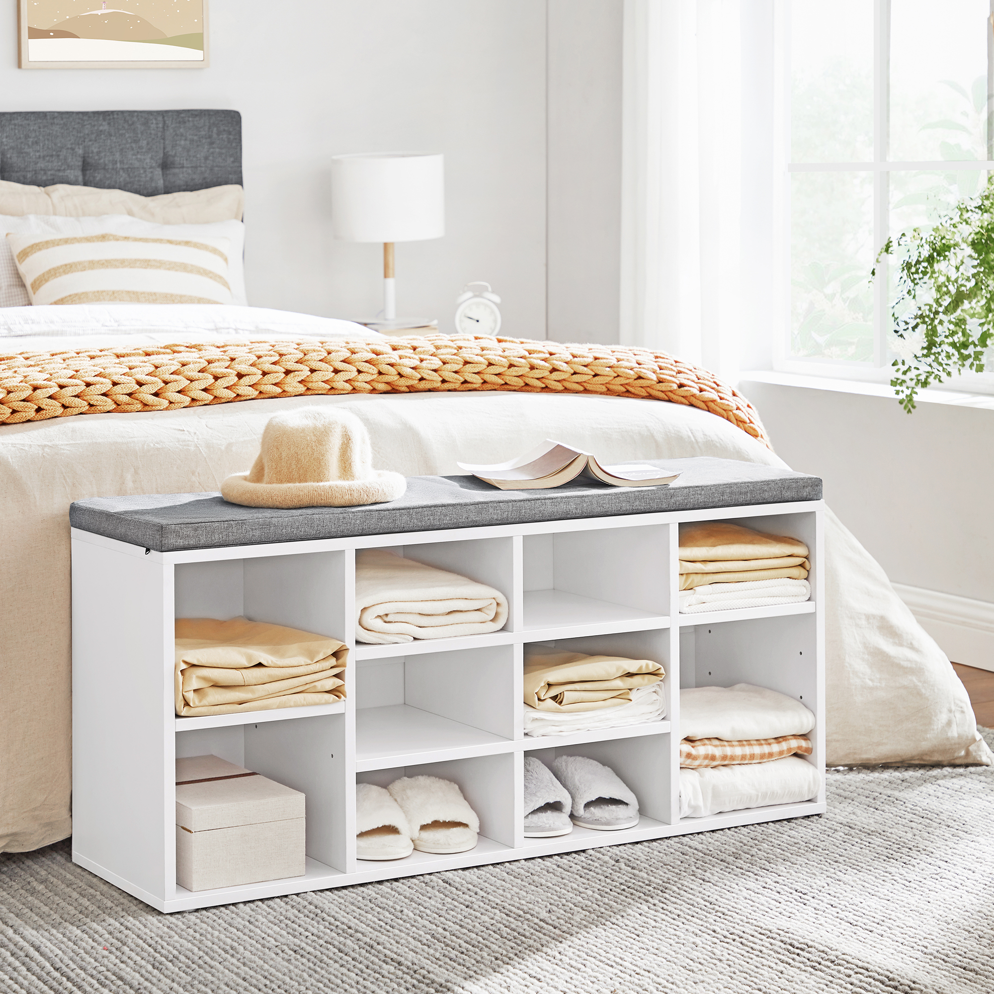 Generic Shoe Storage Bench with Cushion, 10 Cubbies, Adjustable Shelves ...