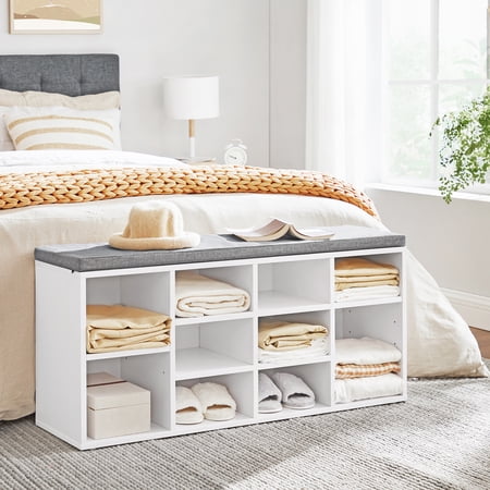 Shoe Storage Bench with Cushion Cubby Shoe Rack with 10 Cubbies Adjustable Shelves Multifunctional Shoe Organizer Bench for Entryway Mudroom Hallway Closet and Garage White