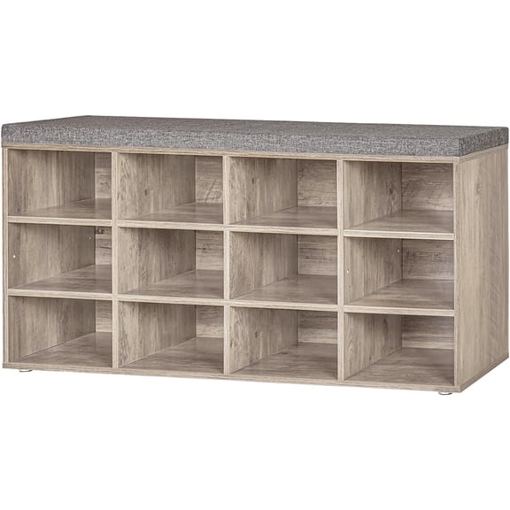 Shoe Storage Bench with Cushion, Cubby Shoe Rack with 12 Cubbies, Adjustable Shelves, Multifunctional Shoe Organizer Bench for Entryway, Mudroom, Hallway, Closet and Garage, Greige