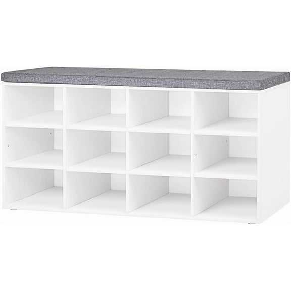 Shoe Storage Bench with Cushion, Cubby Shoe Rack with 12 Cubbies, Adjustable Shelves, Multifunctional Shoe Organizer Bench for Entryway, Mudroom, Hallway, Closet and Garage, White