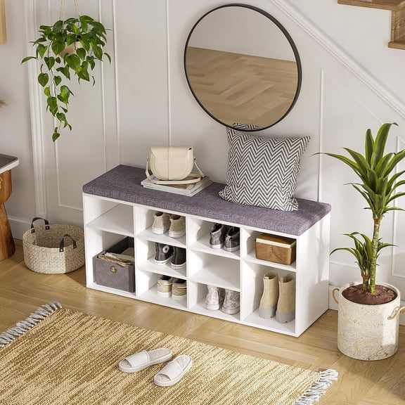 Shoe Storage Bench with Cushion, Cubby Shoe Rack with 12 Cubbies, Adjustable Shelves, Multifunctional Shoe Organizer Bench for Entryway, Mudroom, Hallway, Closet and Garage, White
