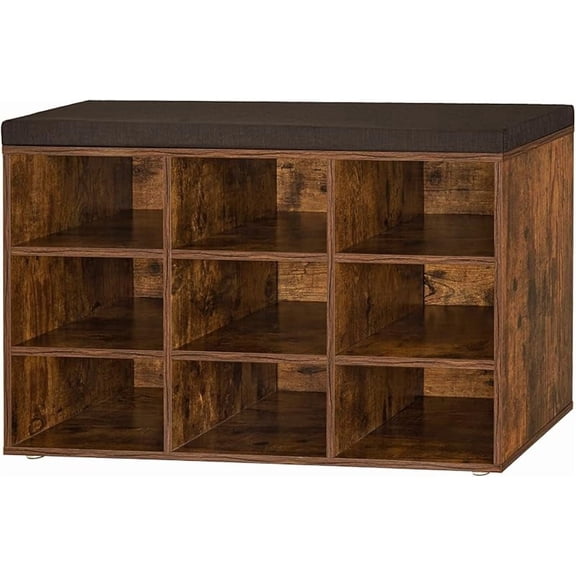 Shoe Storage Bench with Cushion, Cubby Shoe Rack with 9 Cubbies, Adjustable Shelves, Multifunctional Shoe Organizer Bench for Entryway, Mudroom, Hallway, Closet and Garage, Rustic Brown