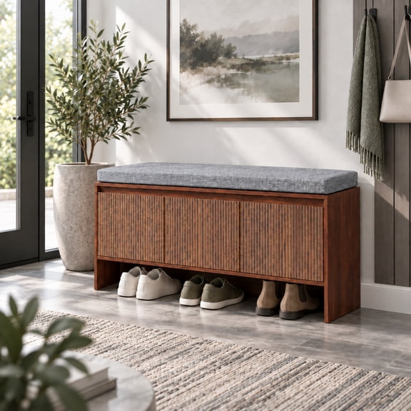 Shoe Storage Bench with Cushion, Entryway Bench Fluted Doors, Adjustable Shelf, Removable Washable Cushion, for Entryway, Hallway, Living Room, Bedroom, Walnut