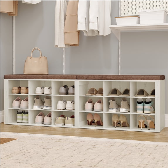 Shoe Storage Bench with Cushion, Entryway Storage Bench with 18 Cubbies, 59" Widened Organizer Cabinet, Long Cubby Rack for Living Room, Bedroom, Entryway, White and Brown
