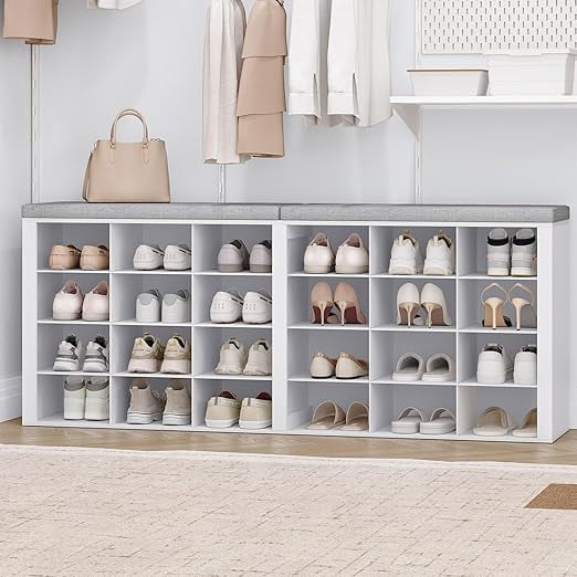 Shoe Storage Bench with Cushion, Entryway Storage Bench with 24 Cubbies ...