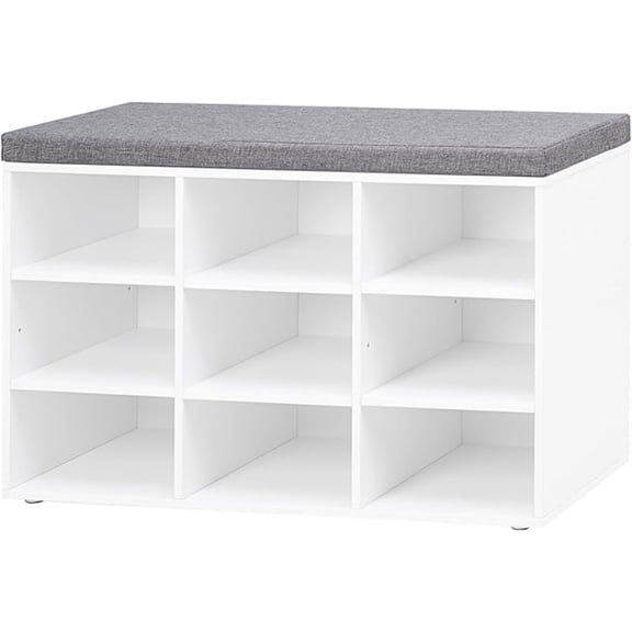 Shoe Storage Bench with Cushion, Shoe Rack with 9 Cubbies, Adjustable Shelves, Multifunctional Shoe Organizer Bench for Entryway, Mudroom, Hallway, Closet and Garage, White