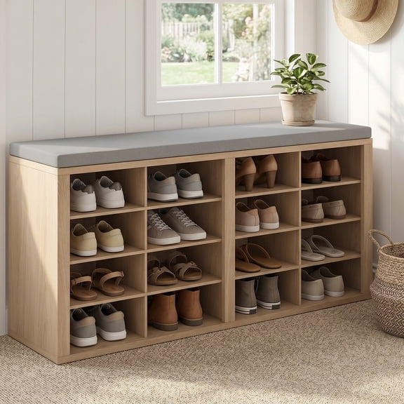 Shoe Storage Bench with Cushion Shoe Rack for Entryway 16 Cubby Multifunctional Organizer Bench Entryway with Soft Sponge Cushion for Hallway Living Room Bedroom