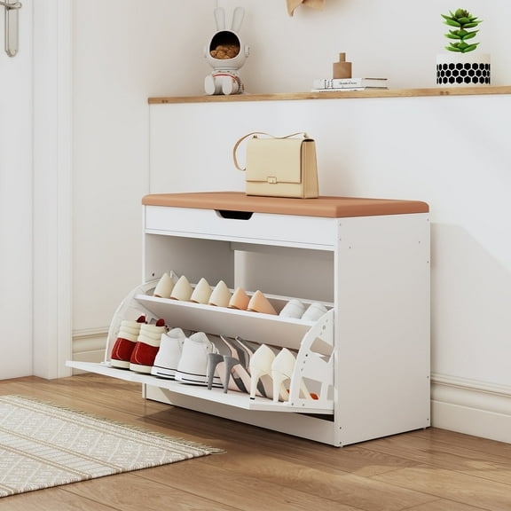 Shoe Storage Bench with Cushioned Seat & Flip-Drawer ,Small Space Entryway Cabinet with Storage , Shoe Rack Organizer for Narrow Hallway, Walnut Brown