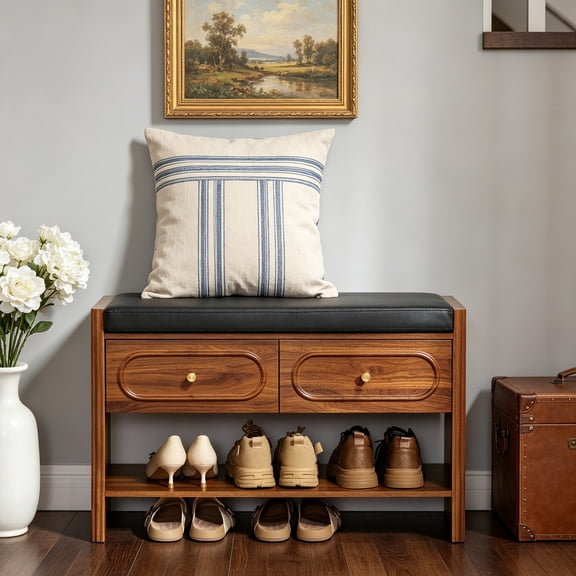 Shoe Storage Bench with Drawers, Entryway Storage Bench with Seat Cushion, Farmhouse Wooden Shoe Organizer, Fluted Narrow Shoe Bench for Hallway, Walnut