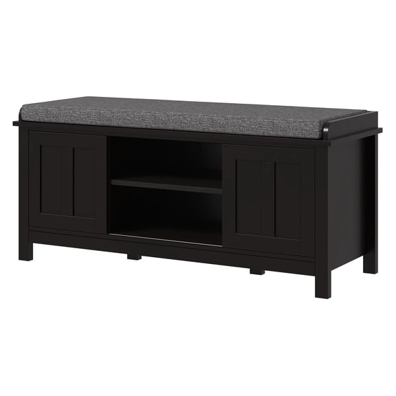 Shoe Storage Bench Entryway - Black Ottoman with Cushion & Sliding Doors - Holds 10 Pairs - Modern Entryway Bench