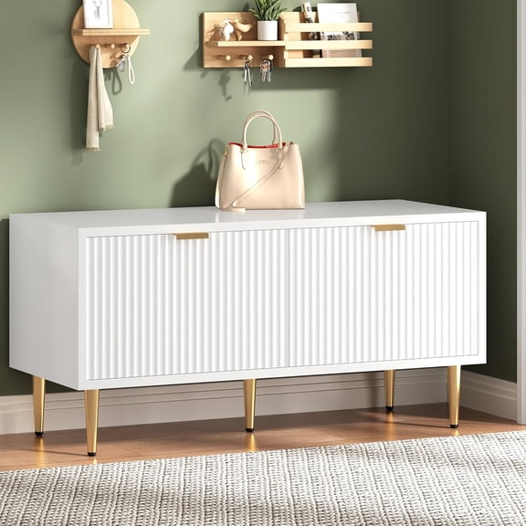 Shoe Storage Bench for Entryway, Modern Fluted Shoe Cabinet with Storage, Compact Wooden Mudroom Bench for Hallway, Foyer, Entrance, Front Door, White