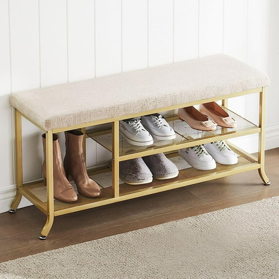 Shoe Storage Bench for Entryway, Storage Organizer with Cushion Seat, Metal Frame, Shoe Bench with 2-Tier Adjustable Shelf for Hallway, Bedroom, Living Room