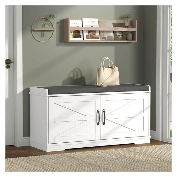 Shoe Storage Bench, Farmhouse Entryway Bench, 2-Tier Shoe Bench with Padded Seat Cushion, 13.78" D x 39.37" W x 19.69" H, Slim Shoe Cabinet Bench for Entryway, Living Room, Bedroom (White)