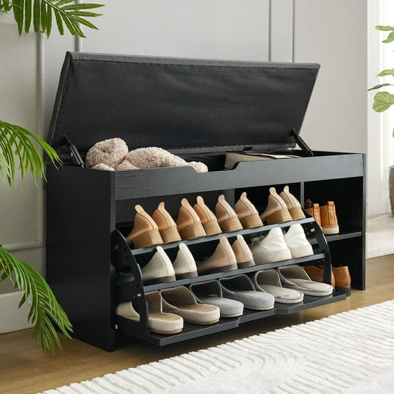Shoe Storage Bench with Flip Drawer, Shoe Rack with Lift Top Storages Box, 2-Tier Bench Cabinet with Adjustable Shelves for Entryway, Hallway, Living Room, Mudroom, Black