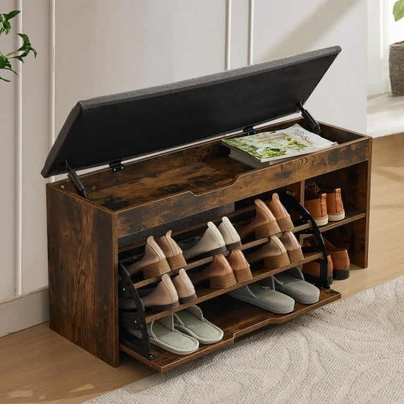 Shoe Storage Bench with Flip Drawer, Shoe Rack with Lift Top Storages Box, 2-Tier Bench Cabinet with Adjustable Shelves for Entryway, Hallway, Living Room, Mudroom, Brown