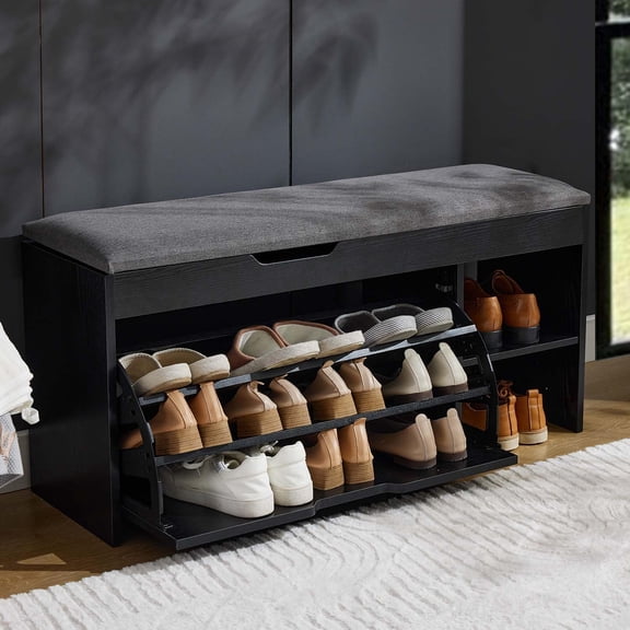 Shoe Storage Bench with Flip Drawers & Lift Top Storage Box, Entryway Bench with Seat Cushion, 3-Tier Short Shoe Cabinet with Adjustable Shelves for Entryway, Hallway, Living Room, Mudroom, Black