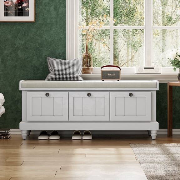44" Storage Bench, Fluted Shoe Cabinet with Hidden Storage Space and 3 Doors, Wood Bench End of Bed with Cushion, for Living Room, Hallway, Entryway
