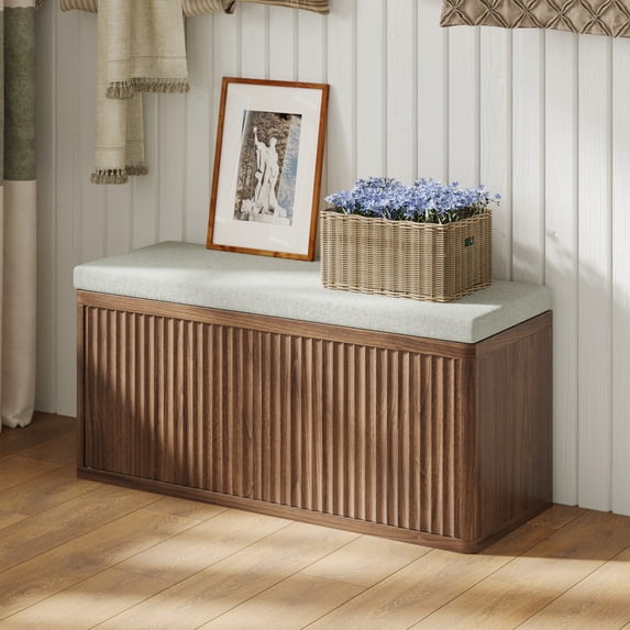 Pusnapku 37" Fluted Shoe Storage Bench, Wood Bench Seat with 2 Doors, Shelves, Cushion, Modern Hidden Shoe Storage for Hallway, Entryway, Living Room