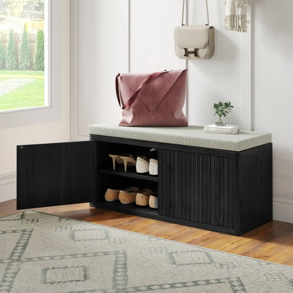 Pusnapku 37" Fluted Shoe Storage Bench, Wood Bench Seat with 2 Doors, Shelves, Cushion, Modern Hidden Shoe Storage for Hallway, Entryway, Living Room