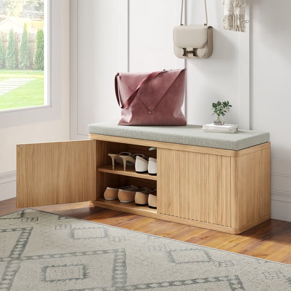 Pusnapku Shoe Storage Bench, Fluted Ottoman Bench with Hidden Storage Space, Wood Bench Seat with Doors and Shelves for Hallway, Entryway, Living Room