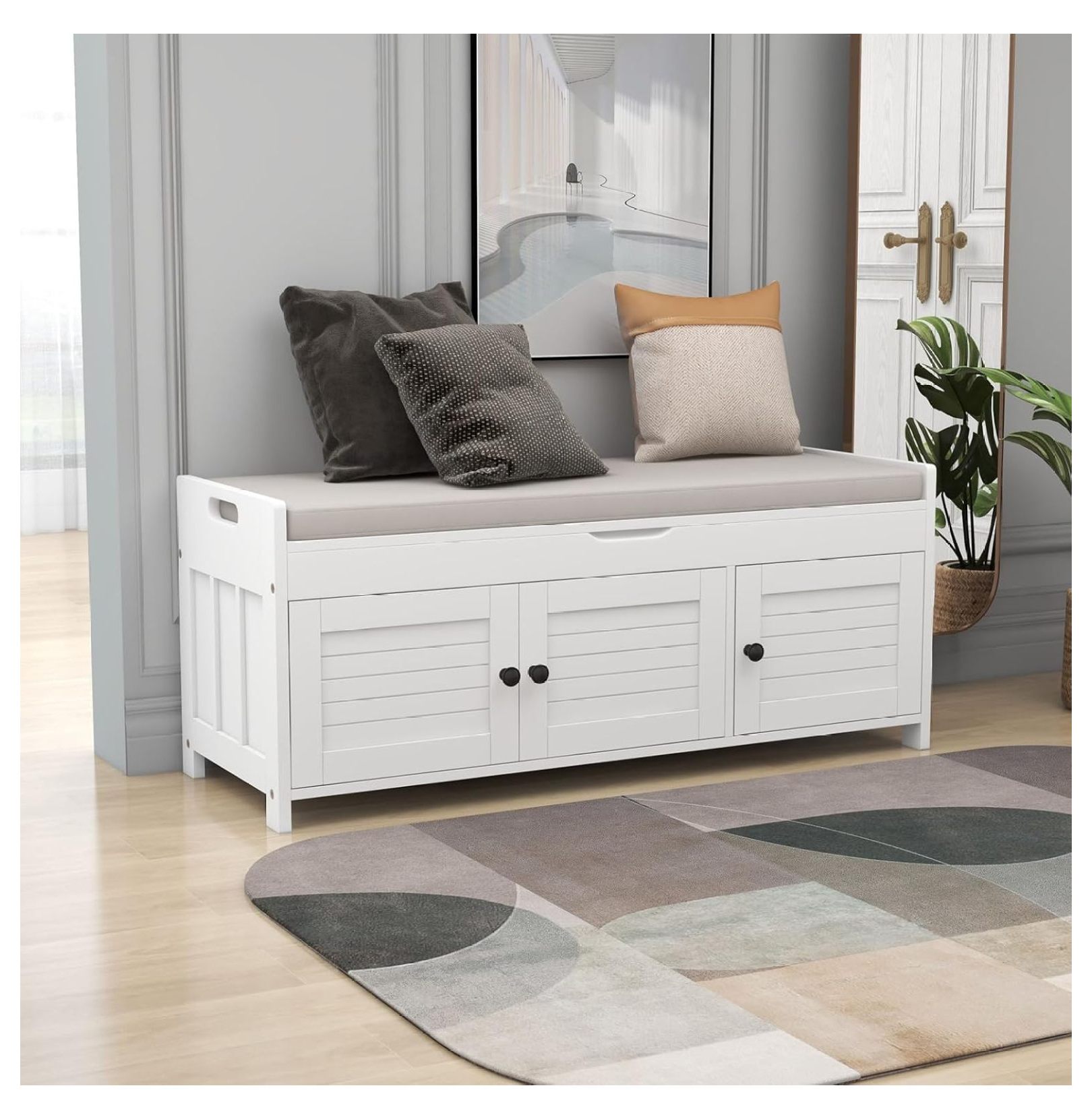 Shoe Storage Bench with Lift Top Storage and Adjustable Shelves, Modern