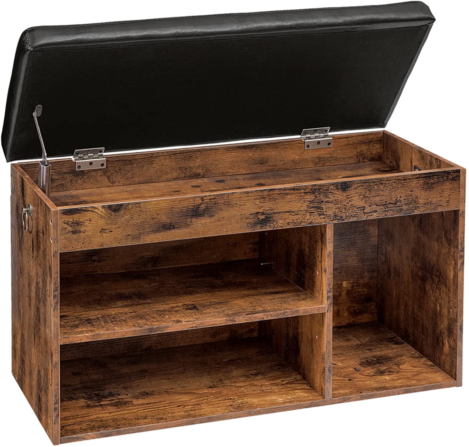 Rustic Brown Storage Bench with Black Cushion and Adjustable Shelf