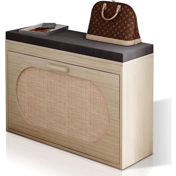 Shoe Storage Bench Rattan Entryway Cabinet with Flip Drawer Padded Seat Cushion Boho Entryway Bench with Storage